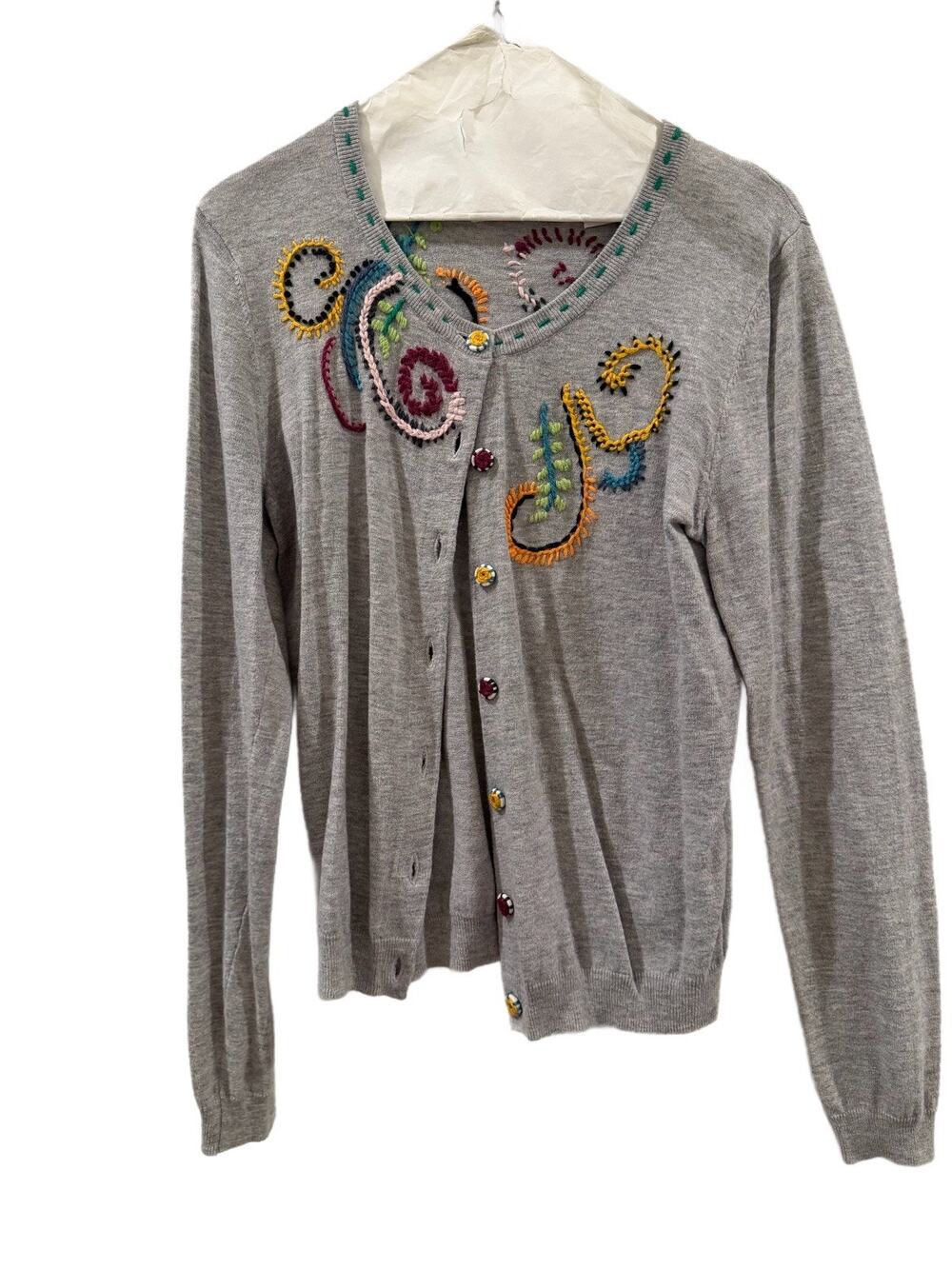 Karen Nicol Anthropologie Embroidered Gray Cardigan Sweater L